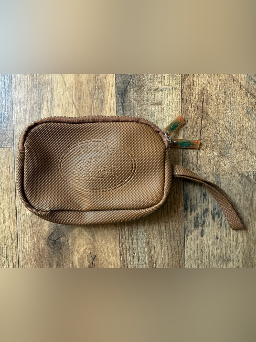 Lacoste Brown Textured Toiletry Pouch with Wrist Strap